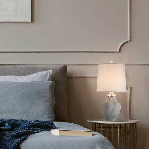Bedside Table Lamp Grey Ceramic Base, White Shade (MTL-024)