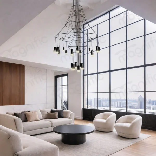 matte black chandelier for double height ceiling