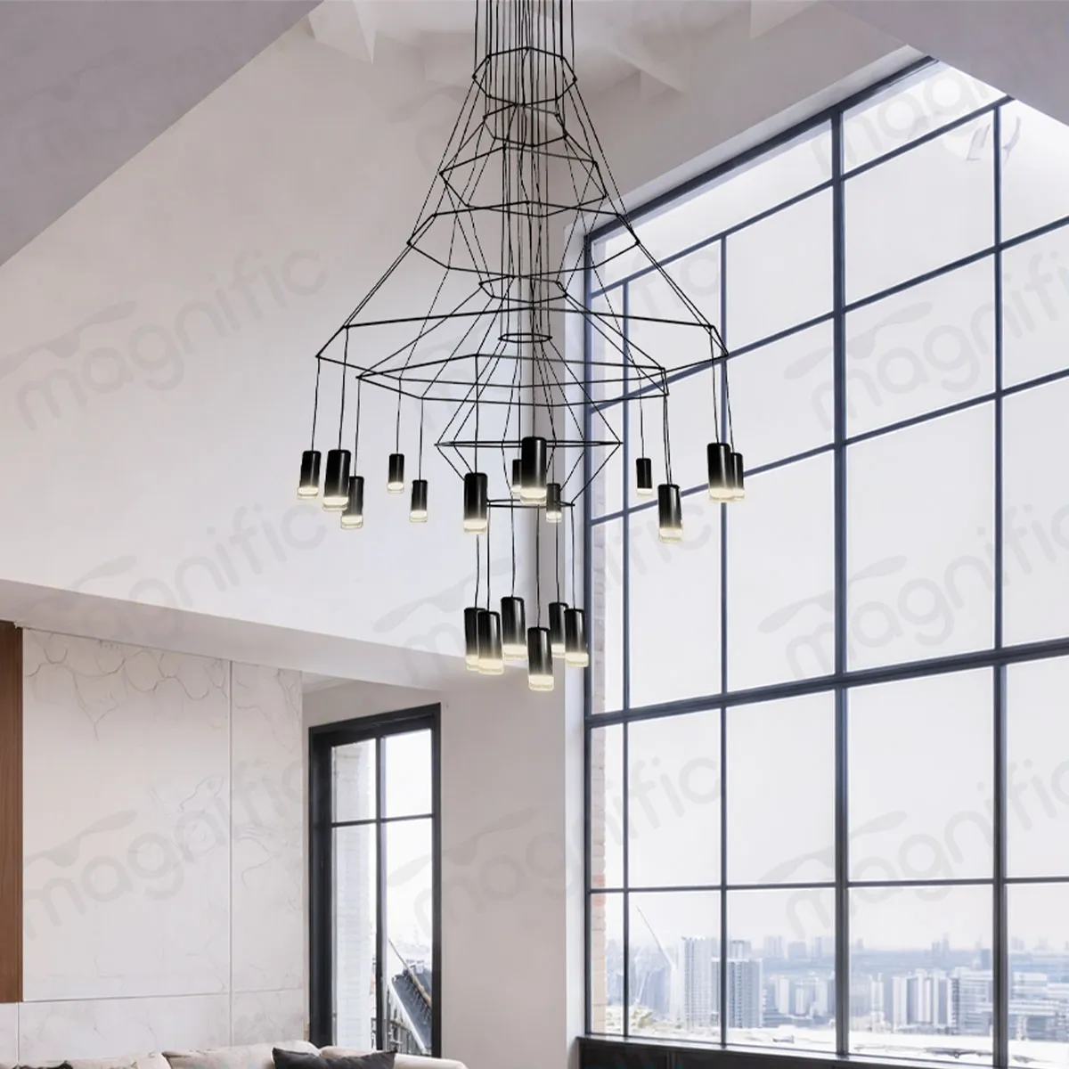 matte black chandelier for double height ceiling