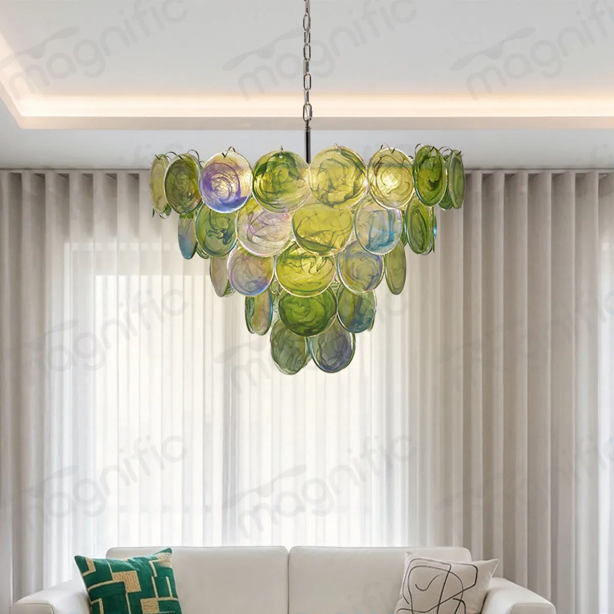 green iridescent glass chandelier